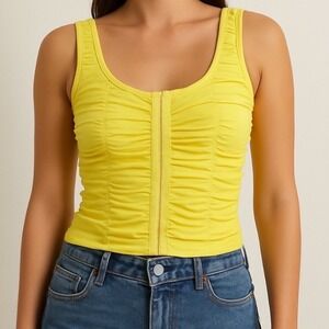 Shinestar Womens Y2K Ruched Mesh Corset Tank Top Small Yellow Hook Front Bodycon
